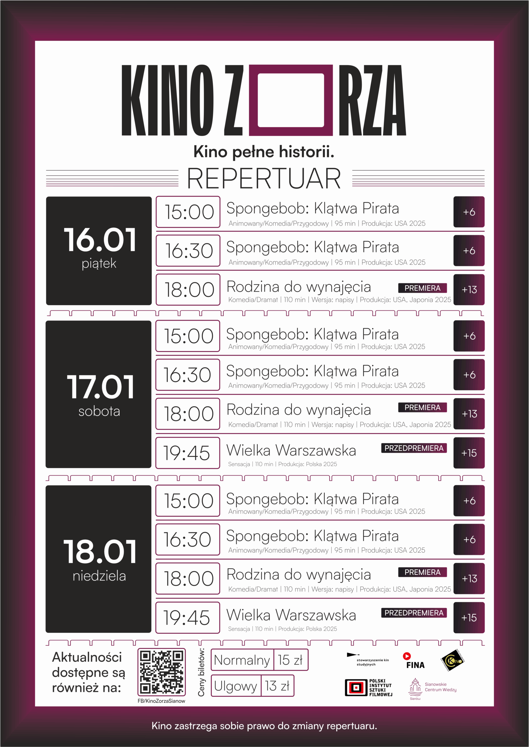 Repertuar Kina Zorza od 16 do 18 stycznia 2026 r.